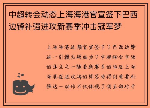 中超转会动态上海海港官宣签下巴西边锋补强进攻新赛季冲击冠军梦