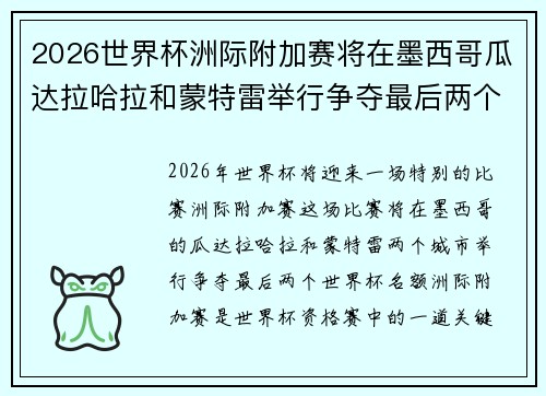 2026世界杯洲际附加赛将在墨西哥瓜达拉哈拉和蒙特雷举行争夺最后两个名额